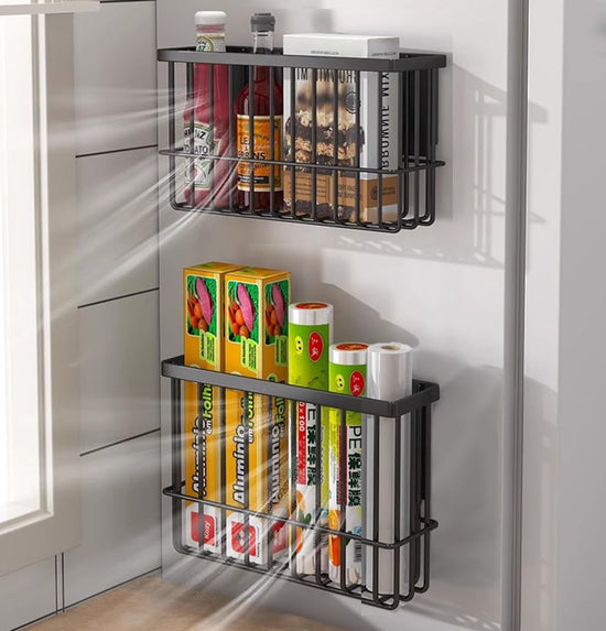 Set of 2 Storage Boxes - Storage Boxes - Storage Boxes for Kitchen Cabinet Doors - Self-Adhesive Storage Boxes - Wall-Mounted Metal Storage Boxes - Small Item Storage Boxes for Cabinets/Bathrooms/Refrigerators (Black)