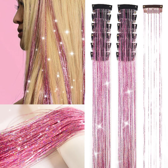 Hair Tinsels - Festival Glitter Hair Extensions - Glittery Hair Extensions - 12-Piece Clip-On Hair Accessory Set - 52cm, for Christmas and New Year, Glittery Hair Extensions, Suitable for Women, Girls and Children (Pink)