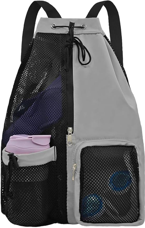 Backpack - Sports Bag - Travel Bag - Training Bag - Swimming Bag - 30*15*45cm - Mesh Material - Drawstring Design - Side Storage Space - Unisex - Suitable for Fitness, Swimming, Travel, Dancing, Camping（Gray）