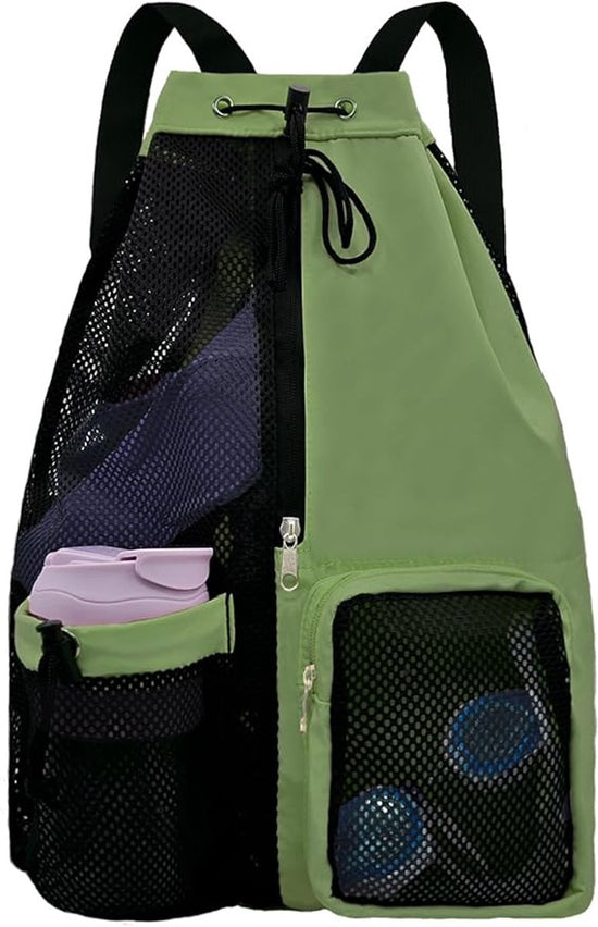 Backpack - Sports Bag - Travel Bag - Training Bag - Swimming Bag - 30*15*45cm - Mesh Material - Drawstring Design - Side Storage Space - Unisex - Suitable for fitness, swimming, traveling, dancing, camping（Vegetable）