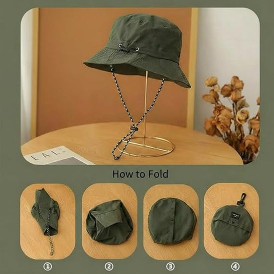 Hat - Sun Hat - Outdoor Jungle Hat - Foldable Bucket Hat - Rain Hat - Unisex - With Removable Chin Strap - 2-Piece (Black + Khaki)