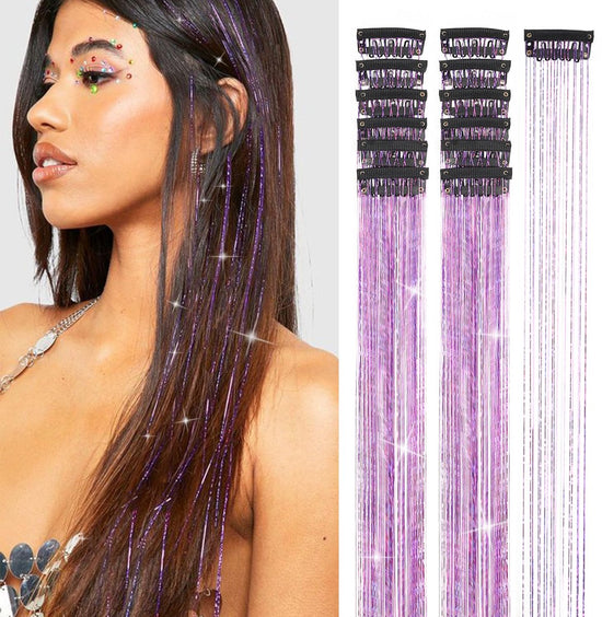 Hair Tinsels - Festival Glitter Hair Extensions - Glittery Hair Extensions - 12-Piece Clip-On Hair Accessory Set - 52cm, for Christmas and New Year, Glittery Hair Extensions, Suitable for Women, Girls and Children (Purple)