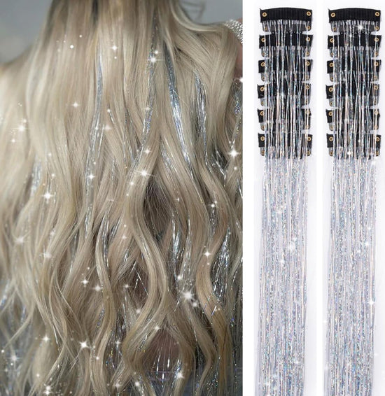 Hair Tinsels - Festival Hair Extensions - Glitter Hair Extensions - 12-Piece Clip-On Hair Accessory Set - 52cm Long, Christmas and New Year Glitter Hair Extensions, Suitable for Women, Girls and Children (Silver)