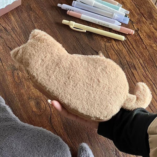 Student Storage Box - Pencil Case - Makeup Bag - Cute Cat Shaped Storage Bag - Creative Cat Shaped Storage Bag - Lightweight and Portable - Suitable for School, Office and Travel（Khaki）