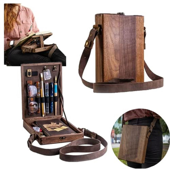 Multifunctional Wooden Shoulder Bag - Vintage Design for Artists & Writers - Artist Tool Set - Brush, Tool Storage Box - Sketch Box - Easel - with Storage Pockets and Adjustable Strap - 25x19x6 cm