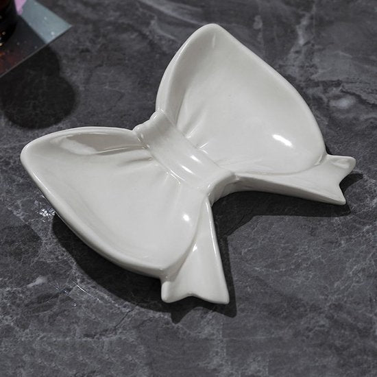 Bow Soap Dish - Ceramic Soap Organizer with Pink Bow - Bathroom Decor, Sponge Holder for Sink, Jewelry Storage Box, Bathroom Accessories for Countertop (White)