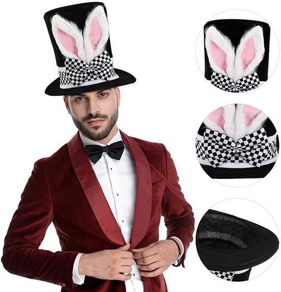 Easter Bunny Top Hat – White Rabbit & Black Plush Hat – Costume accessory for Easter, Halloween and theme parties