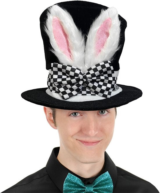 Easter Bunny Top Hat – White Rabbit & Black Plush Hat – Costume accessory for Easter, Halloween and theme parties
