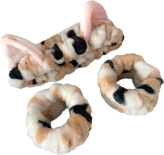 Headbands - 3-Piece Set - Wristbands - Cute Cat Headbands and Wristbands - Designed for Women - Face Cleanser and Makeup for Girls - Plush Hair Ties and Grooming Accessories