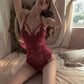 Sexy lingerie - Floral lace bodysuit - Halter neck - Open back - Seductive lingerie - One size - Red