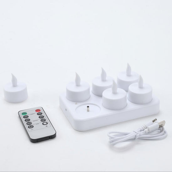 6 Pack Rechargeable LED Tea Light Candles with Charging Base and Remote Control for Halloween, Birthdays and Home Decor, White