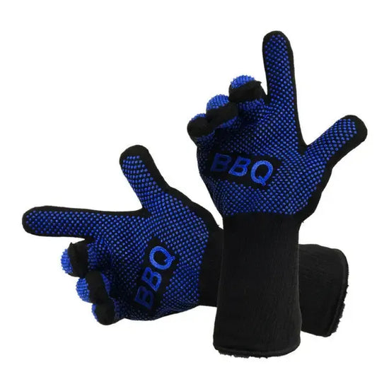 Heat Resistant Aramid BBQ Grill Gloves with Silicone Non-Slip Grip for Ovens, Kitchens, Fireplaces and Outdoor Cooking, Blue and Black