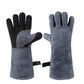 Heat Resistant Leather BBQ Gloves with Insulated Lining for Grilling, Ovens, Fireplaces and Welding, Easy Wear Design, Grey, 40 cm
