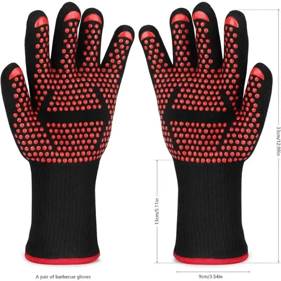 Heat Resistant Aramid Grill Gloves with Silicone Non-Slip Grip for BBQ, Ovens, Cooking and Fireplaces, Black and Red