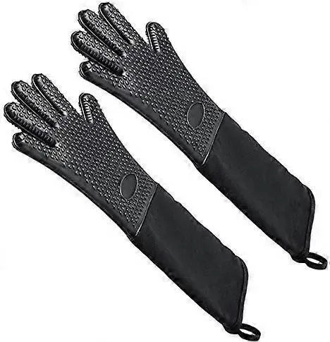 1 Pair Extra-Long Silicone Oven Gloves with Quilted Cotton Lining and Non-Slip Grip for Baking, BBQ Grilling and Cooking, Black, 49 x 15 cm