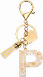 Initial P Letter Keychain, Resin Alphabet Key Ring with Tassel and Lobster Clasp for Bags Keys Purse, Gold White