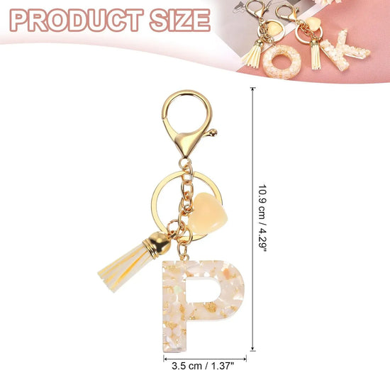 Initial P Letter Keychain, Resin Alphabet Key Ring with Tassel and Lobster Clasp for Bags Keys Purse, Gold White
