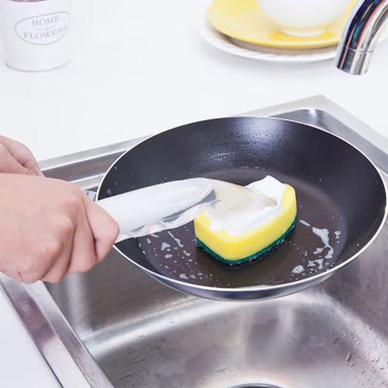 Dish Soap Dispenser Brush, Detachable Handle Scrub Wand with Reusable Sponge for Pots Pans and Kitchen Cleaning, 28 cm
