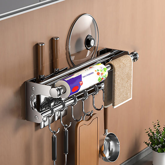 Kitchen Organization and Storage Rack, Wall Mounted Pots and Pans Rack, Stainless Steel Metal Wall Shelf with Hooks for Hanging Pots and Pans for Kitchen Bathroom Bedroom Pantry 30 * 9 * 9cm/11.81 * 3.54 * 3.54inch A