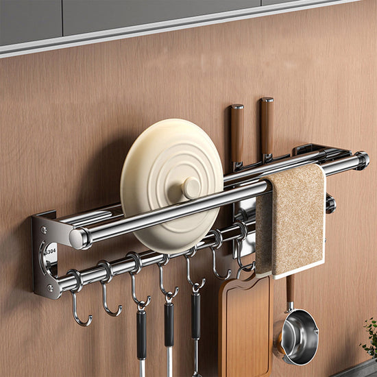 Kitchen Organization and Storage Rack, Wall Mounted Pots and Pans Rack, Stainless Steel Metal Wall Shelf with Hooks for Hanging Pots and Pans for Kitchen Bathroom Bedroom Pantry 40 * 9 * 9cm/15.75 * 3.54 * 3.54inch S_ilver