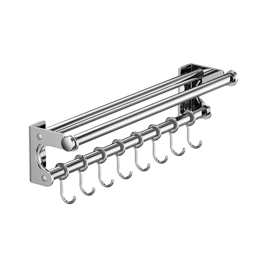 Kitchen Organization and Storage Rack, Wall Mounted Pots and Pans Rack, Stainless Steel Metal Wall Shelf with Hooks for Hanging Pots and Pans for Kitchen Bathroom Bedroom Pantry 40 * 9 * 9cm/15.75 * 3.54 * 3.54inch S_ilver