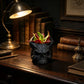 3D-printed horned skull flower pot, succulent plant pot, black.