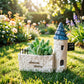Mini French Country Tower House Planter with Blue-Tiled Tower – Handcrafted Resin Succulent Pot with Drainage, Decor for Desk, Patio, Windowsill & Shelf