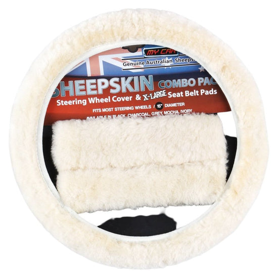 Sheepskin Steering Wheel Cover & Seat Belt Pads Combo Luxury - Ivory