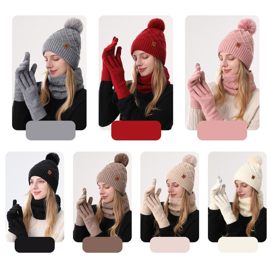 Women Beige Argyle 3-Piece Set-Hat Scarf and Gloves
