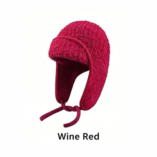 Women Sherpa Aviator Beanie - Warm Earflap Knit Hat Wine Red