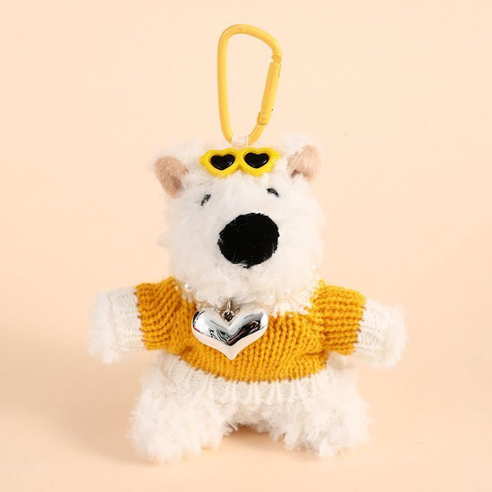 West Highland Dog Plush Pendant In Yellow Outfit With Heart Motif, Adorable Bag Hanging Ornament, Mini Keychain for Christmas & Halloween