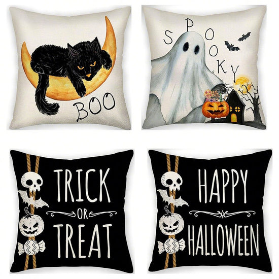 4PC Holiday Home Ornament Pillow Cover Fit For Halloween & Christmas, Style‑108, Suitable For Sofa, Living Room, Bedroom, 45x45cm, Pillow Insert Not Included, Fine Workmanship Cushion Cover For Party Scene Beautify