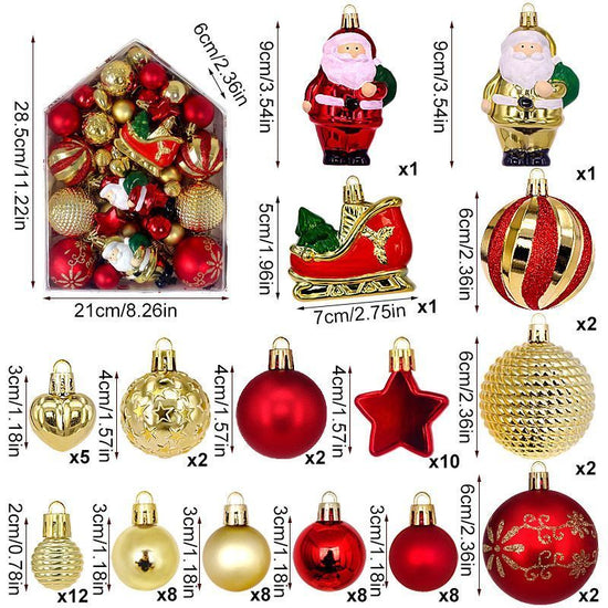 72 Pieces Christmas Assorted Ornaments Set Packed in House Shaped Gift Box, Electroplated Painted Baubles with Santa Sleigh Star Pendants, Gold Red Color Matching for Christmas Tree Hanging Decor and Halloween Holiday Scene Layout