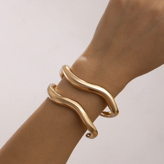 Dual Layer Irregular Wave Bangle 2 Pieces Set, Gold Stackable Metal Open Bracelet, Women Fashion Matching Jewelry as Christmas Halloween Holiday Gift Pack, Code 5091