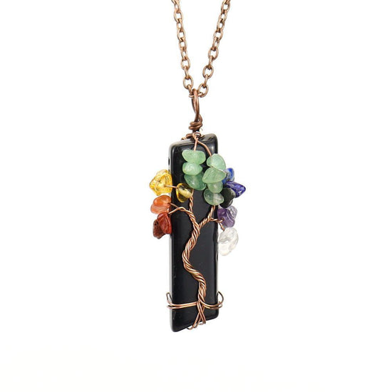 Natural Fragment Stone Tree of Life Necklace, Antique Copper Frame, Obsidian, Christmas & Halloween Themed Costume Jewelry, Cool Style Holiday Gift for Jewelry Lovers