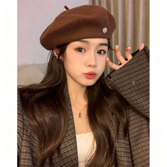 Vintage Knit PU Blend Beret Hat, Adjustable 56‑58cm, Christmas & Halloween Daily Matching Headwear, Soft Retro Artist Cap, Thoughtful Holiday Present