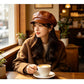 Fashion PU Leather Octagonal Hat, Coffee Tone, Adjustable 56‑58cm, Christmas & Halloween Daily Layering Headwear, Retro Artist‑style Cap, Festival Gifting Option