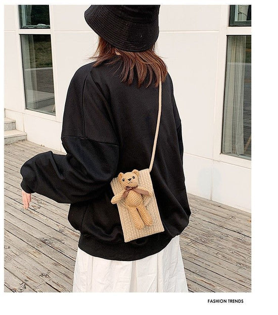 Women Woven Straw Shoulder Bag, Khaki Color, Casual Beach Tote Phone Purse, Christmas & Halloween Vacation Outfit Accessory, Practical Holiday Gift For Ladies
