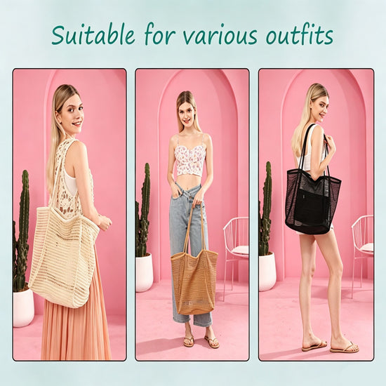 Women Mesh Beach Tote Shoulder Handbag, Brown, Summer Outdoor Travel Daily Use Bag, Christmas & Halloween Vacation Outfit Accessory, Practical Holiday Gift for Ladies
