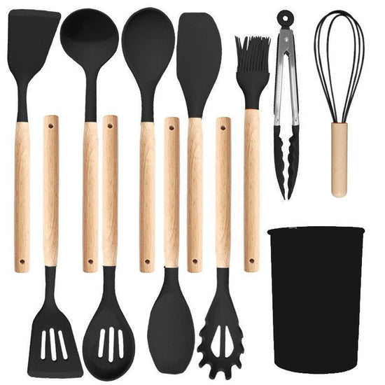 Silicone Kitchen Utensils 12‑Piece Set Black,Spatula & Soup Spoon Cookware Safe for Non‑Stick Pans,Household Cooking Gadget for Party Prep,Christmas Halloween Housewarming Gift