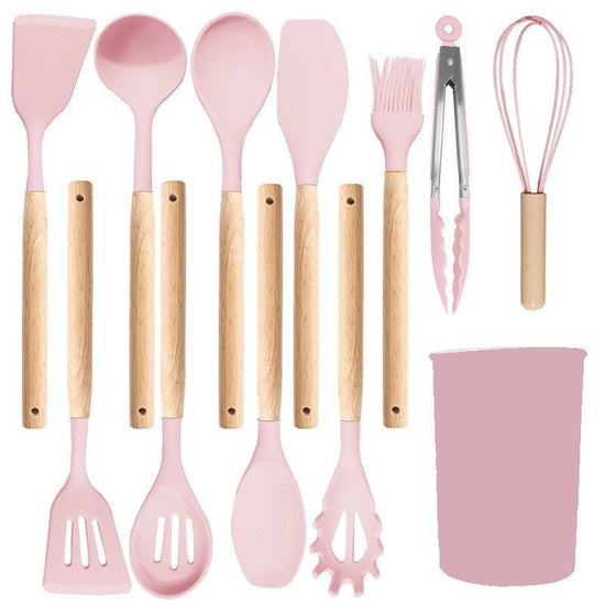 Silicone Kitchen Utensils 12‑Piece Set Pink,Practical Spatula Soup Spoon Kit for Non‑Stick Cookware,Home Cooking Essential,Christmas Halloween Themed Party Kitchen Present