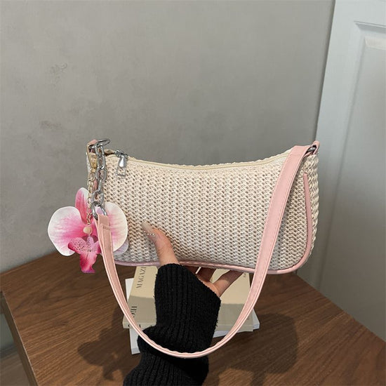 Chic Solid Woven Underarm Shoulder Bag, Elegant Ladies Handbag With Floral Decor Pendant, Pink, Trendy Daily Casual Purse, Christmas Halloween Gift for Women