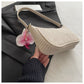 Chic Solid Woven Underarm Shoulder Bag, Elegant Ladies Handbag With Floral Decor Pendant, Pink, Trendy Daily Casual Purse, Christmas Halloween Gift for Women