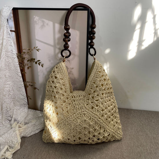 Stylish Paper Rope Crochet Woven Shoulder Bag, Solid Beige Versatile Straw Handbag, Holiday Beach Travel Tote, Christmas Halloween Vacation Fashion Gift