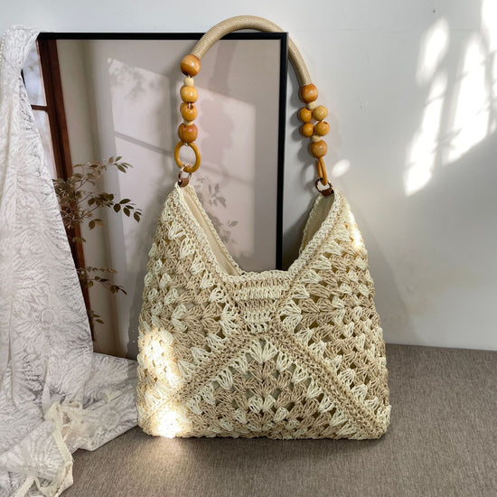Casual Crochet Straw Beach Handbag, Beige Mixed Tone Paper Rope Woven Shoulder Bag, Stylish Travel Daily Purse, Christmas Halloween Fashion Holiday Present