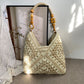 Casual Crochet Straw Beach Handbag, Beige Mixed Tone Paper Rope Woven Shoulder Bag, Stylish Travel Daily Purse, Christmas Halloween Fashion Holiday Present