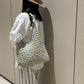 Casual Crochet Straw Beach Handbag, Beige Mixed Tone Paper Rope Woven Shoulder Bag, Stylish Travel Daily Purse, Christmas Halloween Fashion Holiday Present
