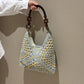 Elegant Paper Rope Crochet Woven Shoulder Bag, Sky Blue Solid Straw Handbag, Lightweight Vacation Beach Tote, Christmas Halloween Travel Accessory Gift