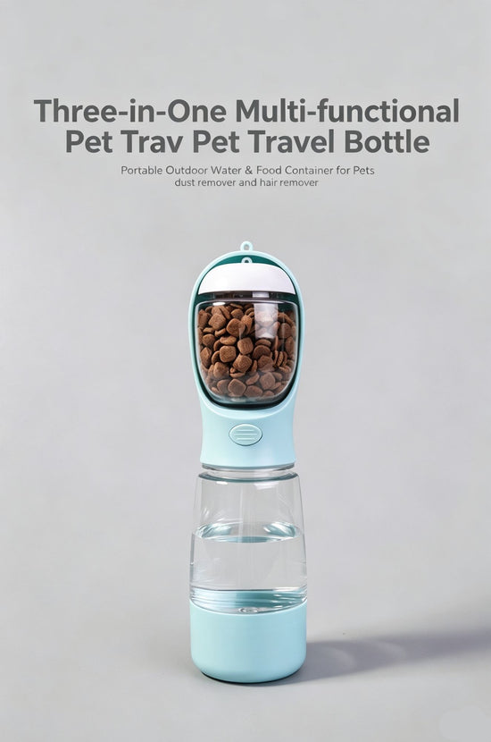 3-in-1 Outdoor Pet Water & Food Travel Bottle for Cats & Dogs, Sky Blue, 400ml Water 150ml Food Storage With Waste Bag Box & Hand Strap, Multi-Functional Walking Supply, Christmas Halloween Pet Lover Gift