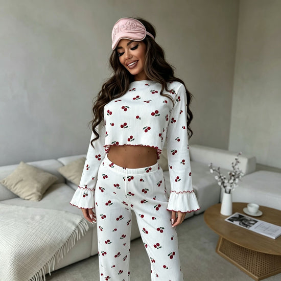 White Base Cherry Size M | Flared Sleeve Ruffle Trim Sleepwear Set | Halloween Daily Casual Gift | All-Match Print Long Sleeve Long Pants Women&
